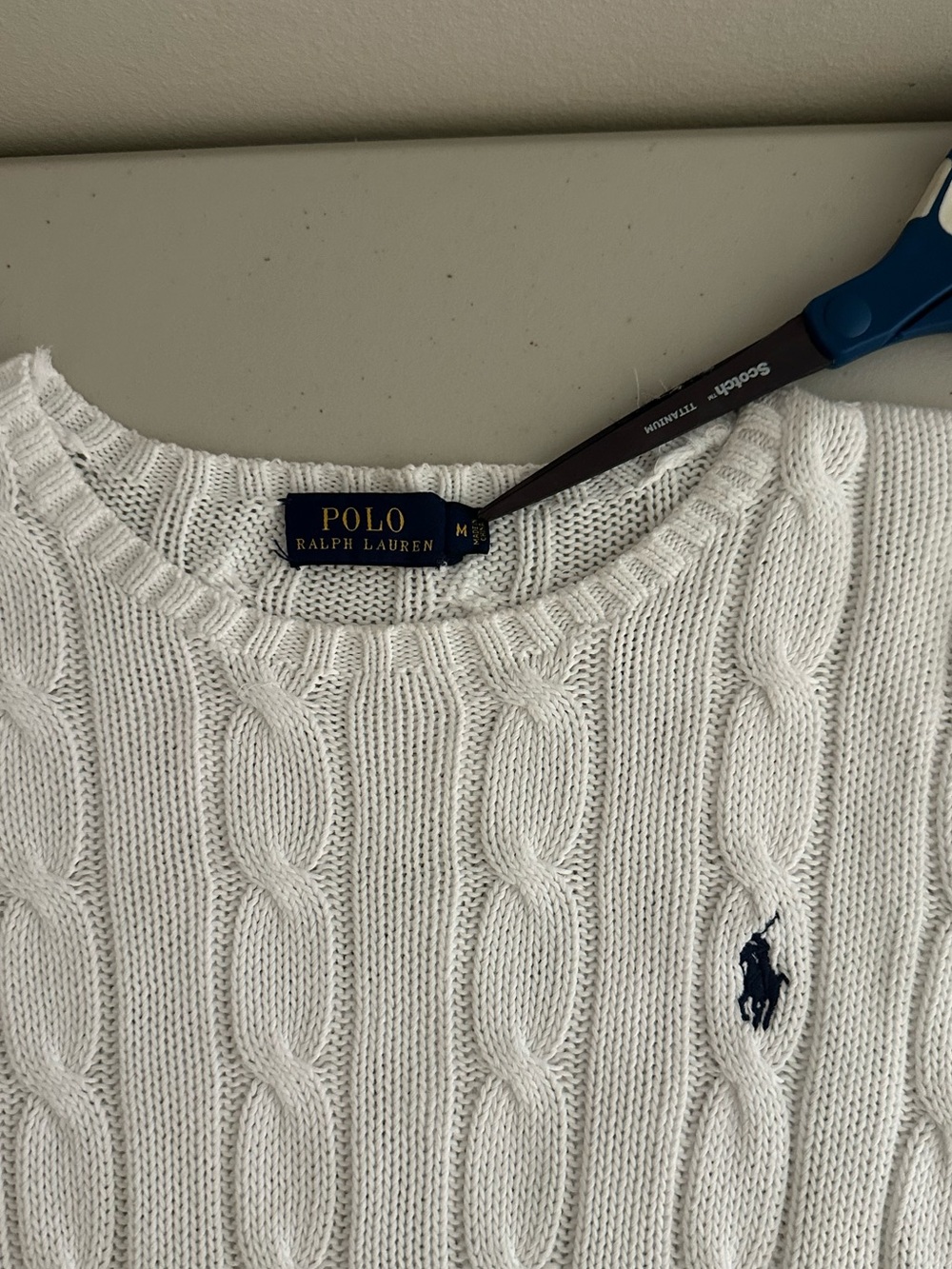 Polo Ralph Lauren White Cable Knit Cotton Crewneck Sweater Medium Preppy Classic - Picture 4 of 8